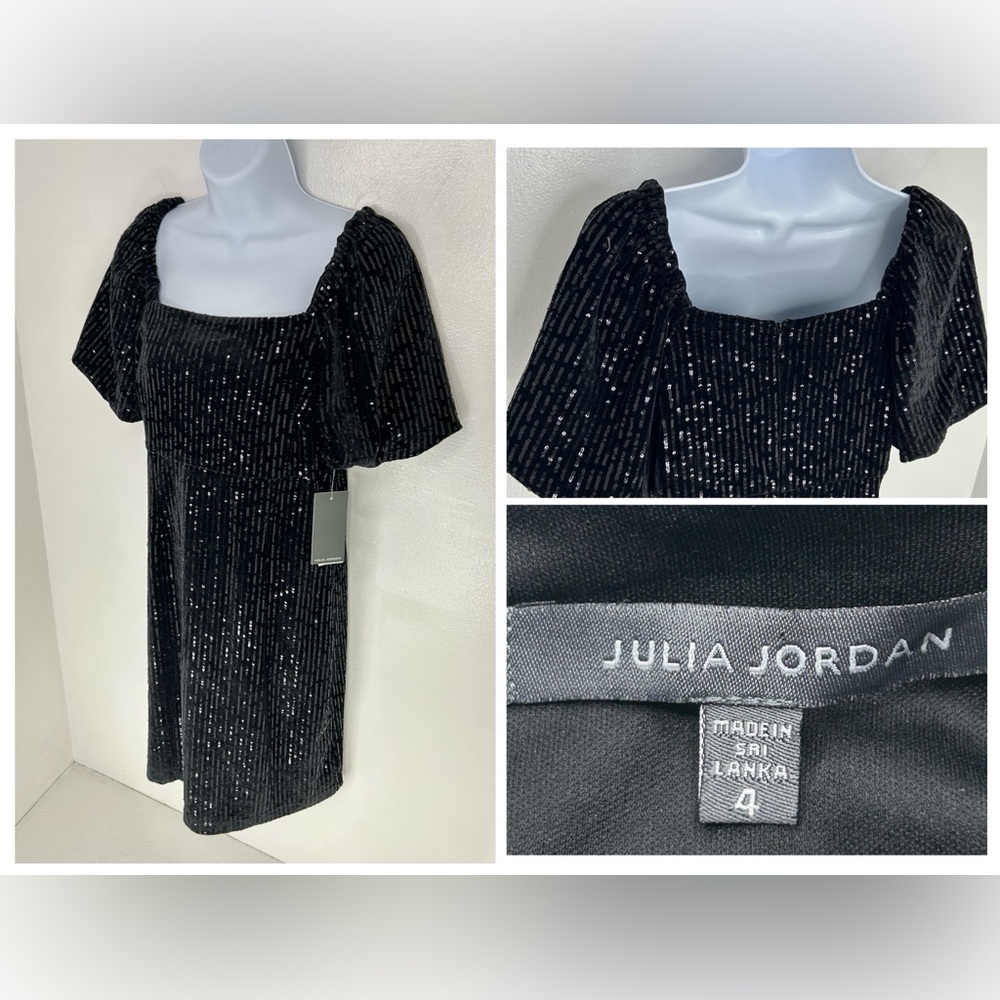 Julia Jordan NWT Black‎ Velvet Sequin Puff Sleeve Dress Size 4 Cocktail Formal